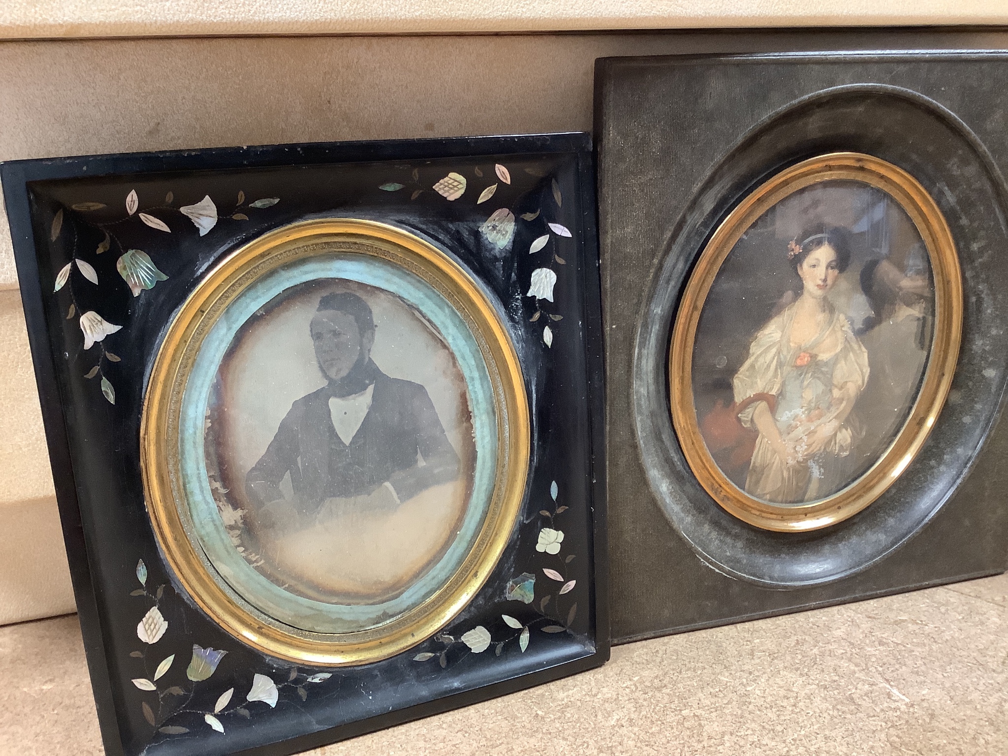A 19th century Daguerreotype portrait of a gentleman, together with a small Russian painted icon, a small miniature watercolour study of a French galleon, a small oil study on canvas, horse and rider along a country lane